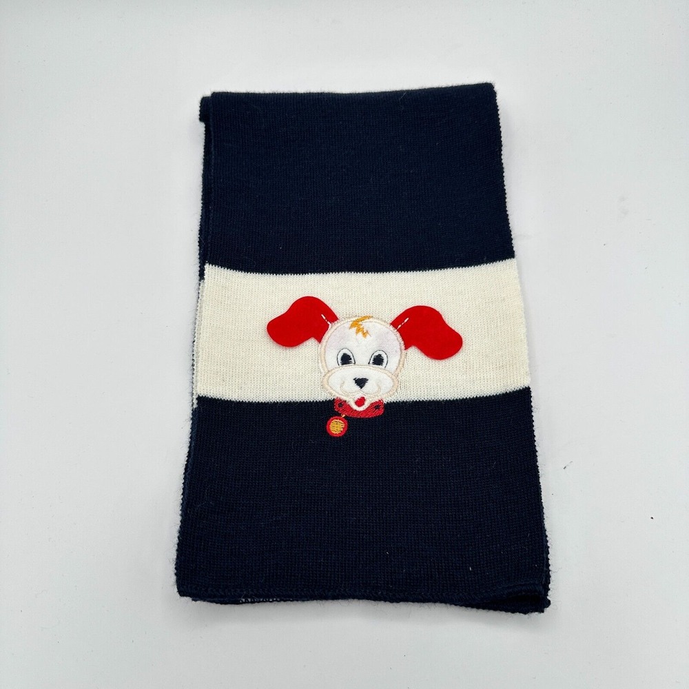 VTG Astro Campagnolo Scarf Kids Wool Blend Blue White Stripe Embroidered Dog